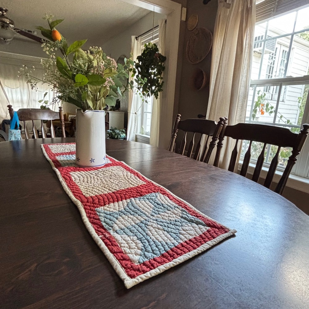 Reversible Patchwork Table Runner Americana Red Cream Blue Star Farmhouse 44x11